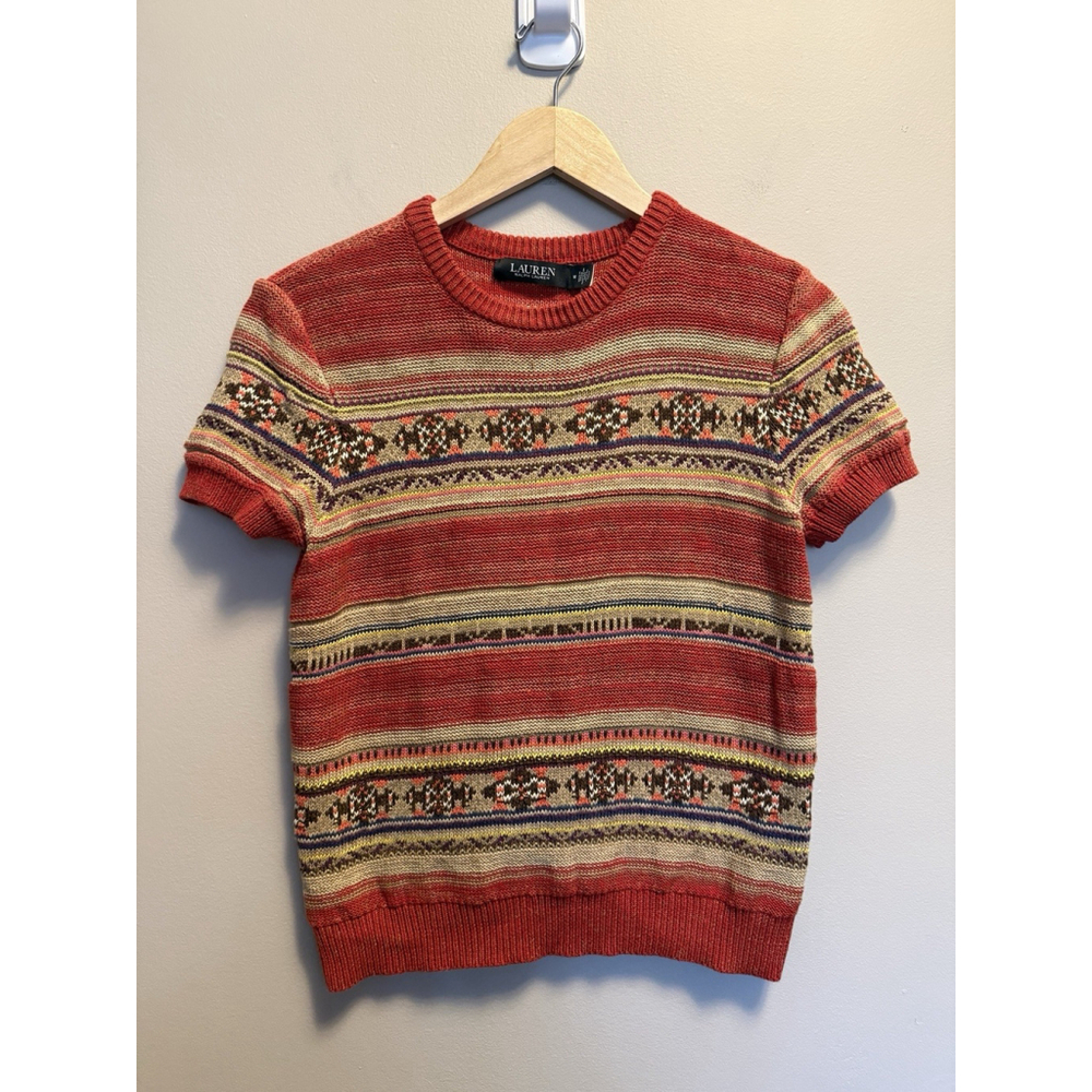 Ralph Lauren Geo-Striped Short-Sleeve Sweater Size Medium New With Tags Read